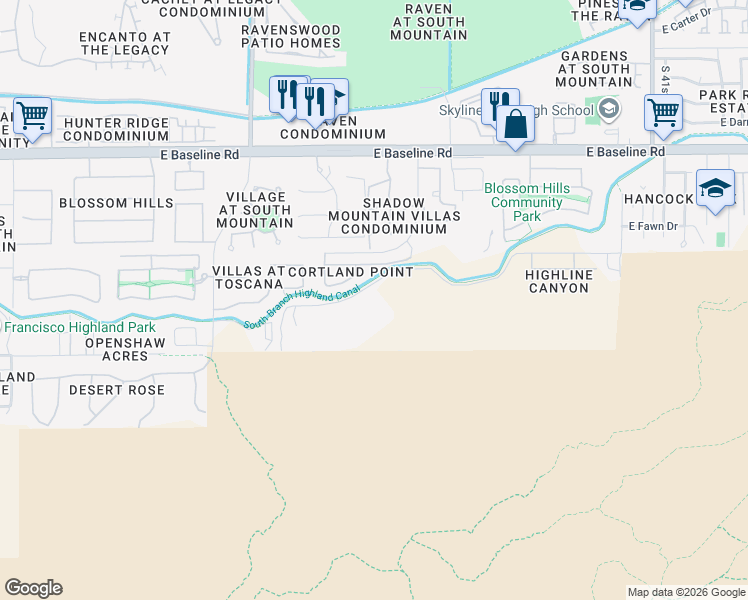 map of restaurants, bars, coffee shops, grocery stores, and more near 3505 East Highline Canal Road in Phoenix
