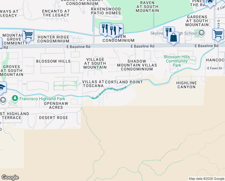 map of restaurants, bars, coffee shops, grocery stores, and more near 3425 East Highline Canal Road in Phoenix