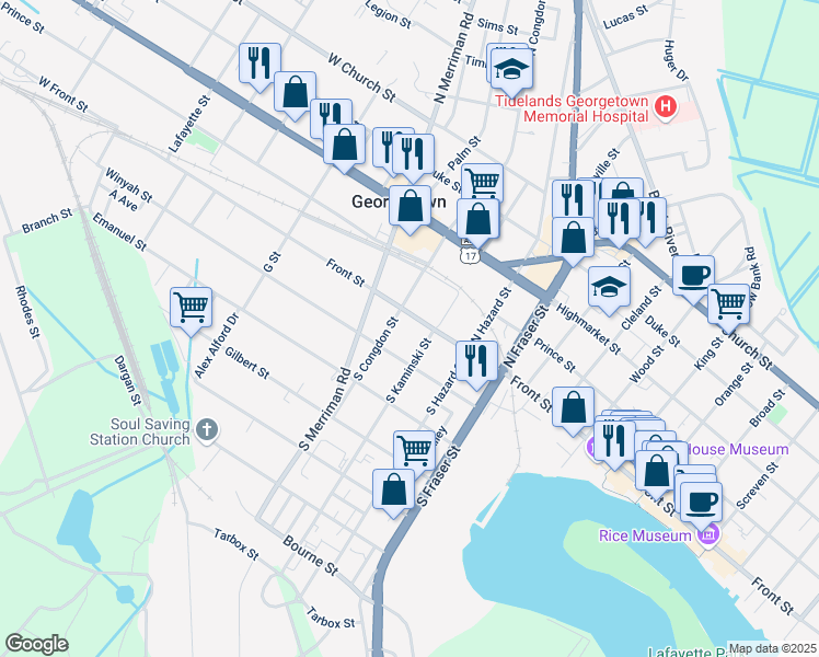 map of restaurants, bars, coffee shops, grocery stores, and more near 1618 Winyah Street in Georgetown