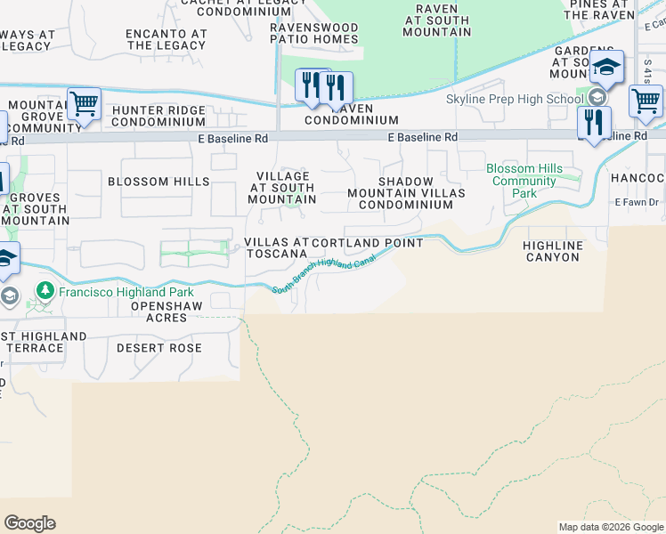map of restaurants, bars, coffee shops, grocery stores, and more near 3425 East Highline Canal Road in Phoenix