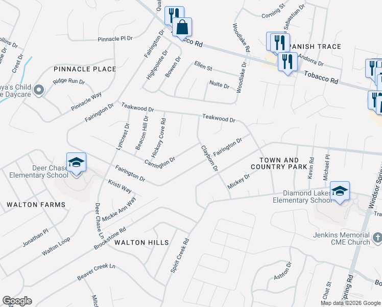 map of restaurants, bars, coffee shops, grocery stores, and more near 3848 Fairington Drive in Hephzibah