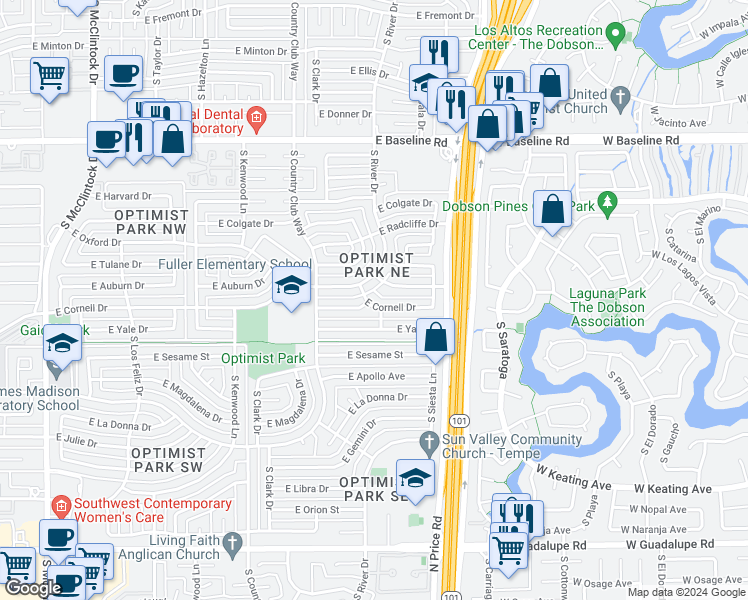 map of restaurants, bars, coffee shops, grocery stores, and more near 2104 East Cornell Drive in Tempe