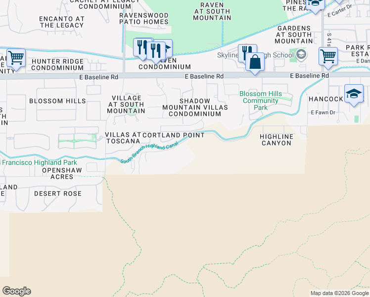 map of restaurants, bars, coffee shops, grocery stores, and more near 3505 East Highline Canal Road in Phoenix