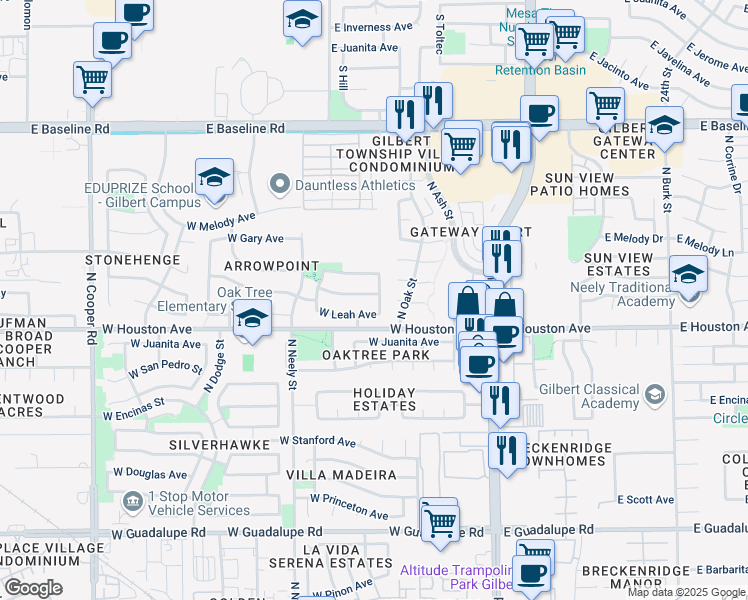 map of restaurants, bars, coffee shops, grocery stores, and more near 243 West Leah Avenue in Gilbert