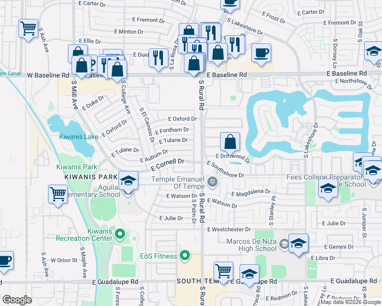 map of restaurants, bars, coffee shops, grocery stores, and more near 739 East Auburn Drive in Tempe