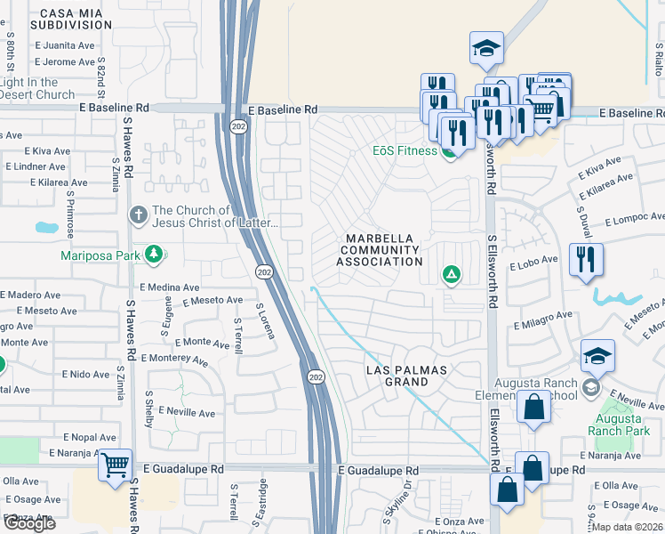 map of restaurants, bars, coffee shops, grocery stores, and more near Hopi Drive in Mesa