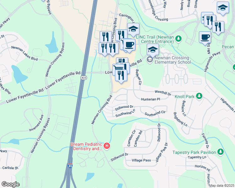 map of restaurants, bars, coffee shops, grocery stores, and more near 131 Seabreeze Court in Newnan