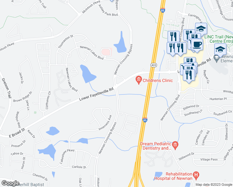 map of restaurants, bars, coffee shops, grocery stores, and more near Newnan Crossing Bypass in Newnan