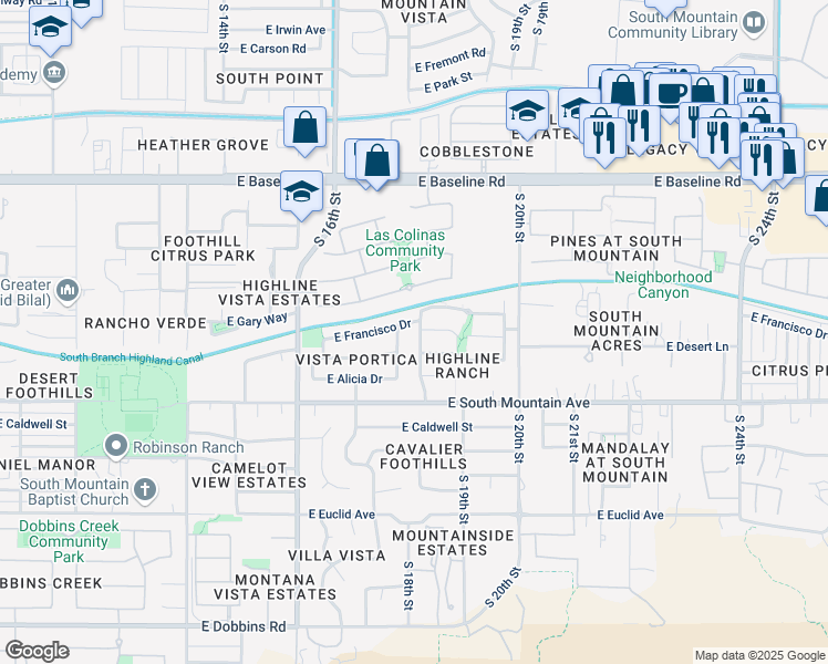 map of restaurants, bars, coffee shops, grocery stores, and more near 8010 South 18th Place in Phoenix