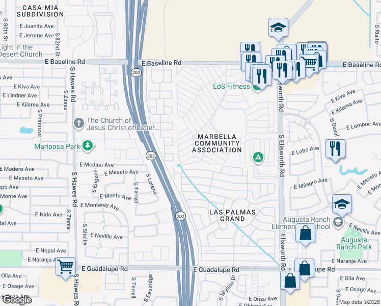 map of restaurants, bars, coffee shops, grocery stores, and more near Hopi Drive in Mesa