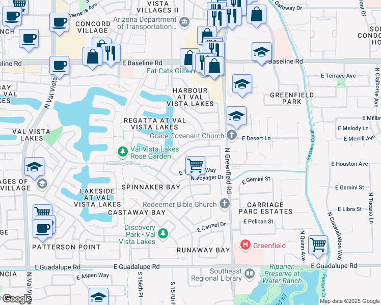 map of restaurants, bars, coffee shops, grocery stores, and more near 2244 East Beachcomber Drive in Gilbert