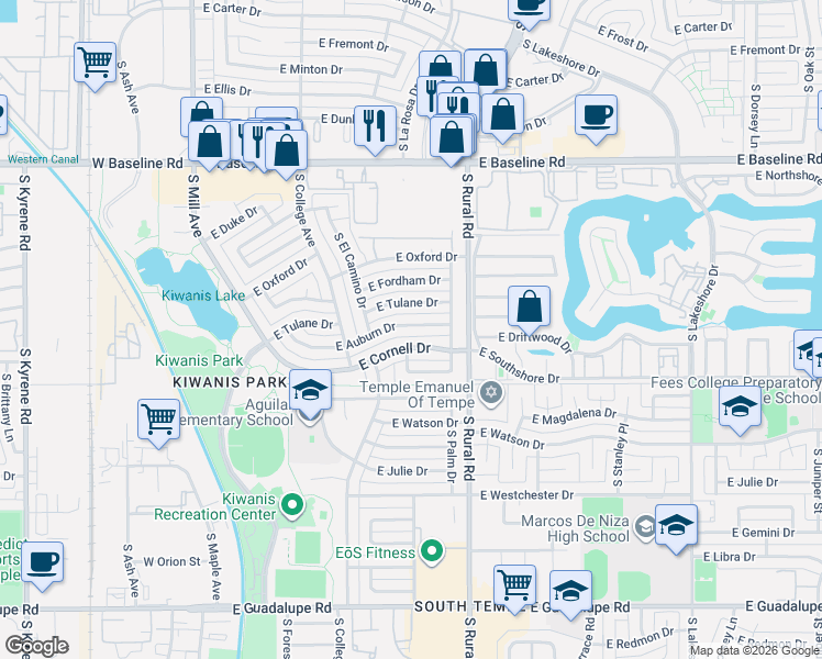 map of restaurants, bars, coffee shops, grocery stores, and more near 603 East Tulane Drive in Tempe