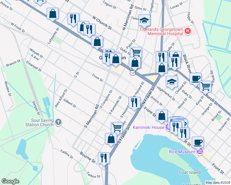 map of restaurants, bars, coffee shops, grocery stores, and more near 1703 Front Street in Georgetown