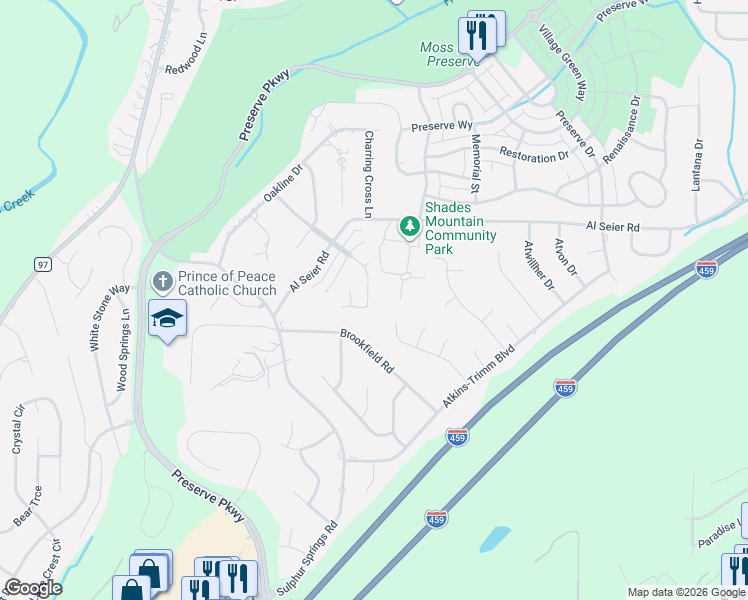 map of restaurants, bars, coffee shops, grocery stores, and more near 146 Highland Crest Parkway in Birmingham