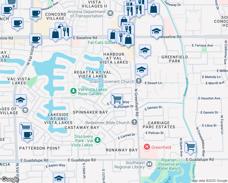 map of restaurants, bars, coffee shops, grocery stores, and more near 2244 East Beachcomber Drive in Gilbert