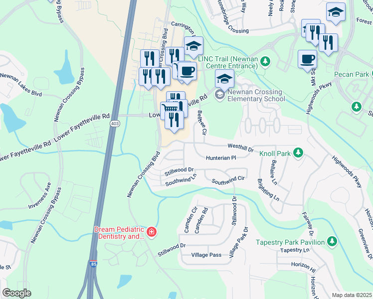 map of restaurants, bars, coffee shops, grocery stores, and more near 110 Seabreeze Way in Newnan