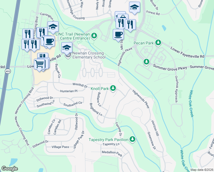 map of restaurants, bars, coffee shops, grocery stores, and more near 126 Hunterian Place in Newnan