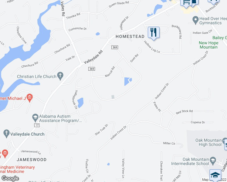 map of restaurants, bars, coffee shops, grocery stores, and more near 469 Dogwood Circle in Birmingham