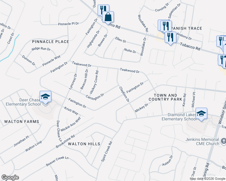 map of restaurants, bars, coffee shops, grocery stores, and more near 2601 Carrington Drive in Hephzibah