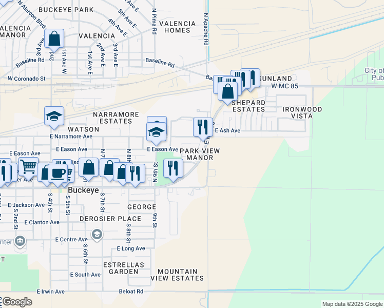 map of restaurants, bars, coffee shops, grocery stores, and more near 1013 East Eason Avenue in Buckeye