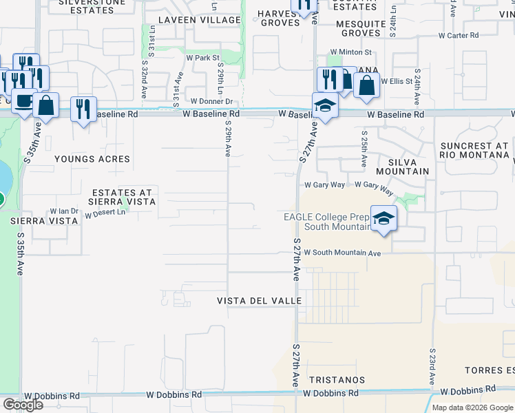 map of restaurants, bars, coffee shops, grocery stores, and more near 2807 West Gary Way in Maricopa County