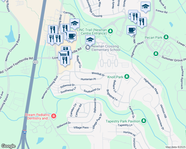 map of restaurants, bars, coffee shops, grocery stores, and more near 326 Westhill Drive in Newnan