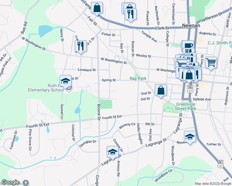 map of restaurants, bars, coffee shops, grocery stores, and more near 11 Traylor Street in Newnan