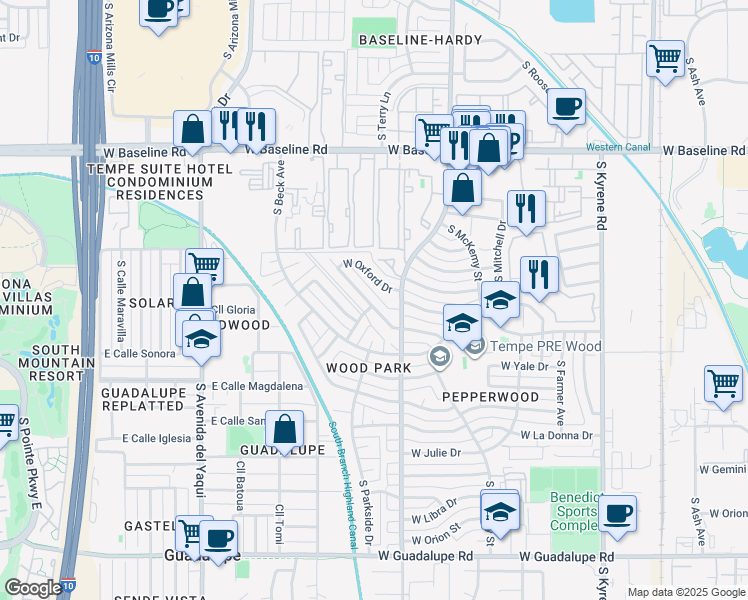 map of restaurants, bars, coffee shops, grocery stores, and more near 1040 West Oxford Drive in Tempe