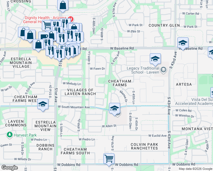 map of restaurants, bars, coffee shops, grocery stores, and more near 4710 West South Mountain Road in Phoenix
