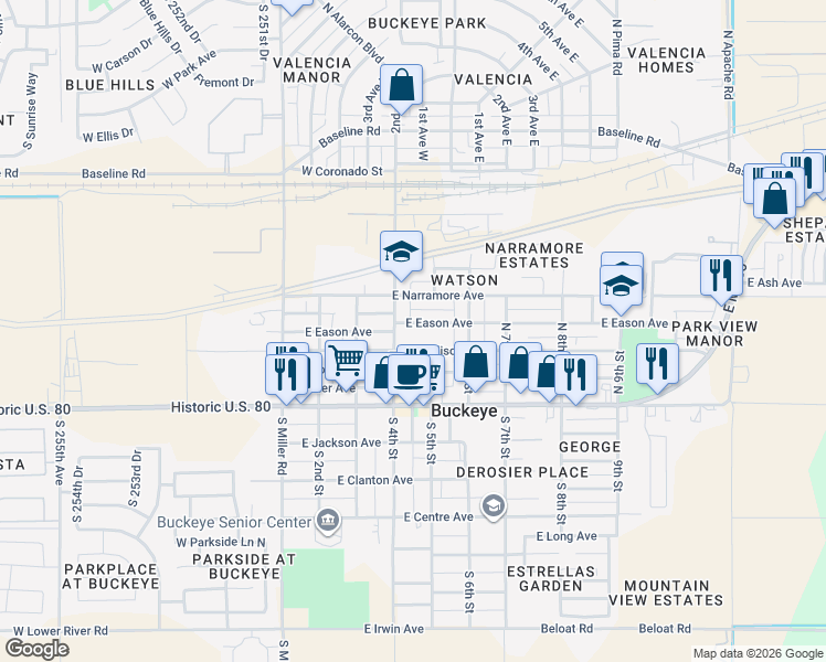 map of restaurants, bars, coffee shops, grocery stores, and more near 408 East Eason Avenue in Buckeye