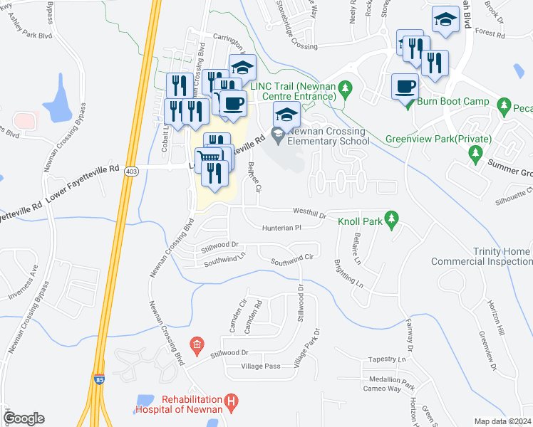 map of restaurants, bars, coffee shops, grocery stores, and more near 358 Westhill Drive in Newnan