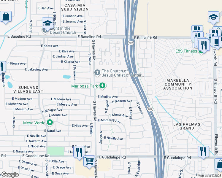 map of restaurants, bars, coffee shops, grocery stores, and more near 2344 South Lynch in Mesa