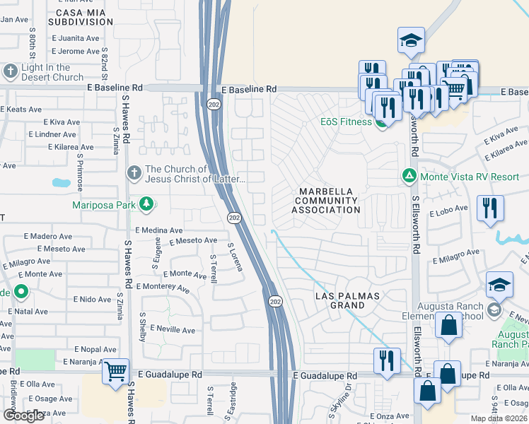 map of restaurants, bars, coffee shops, grocery stores, and more near 2329 South Gordon in Mesa