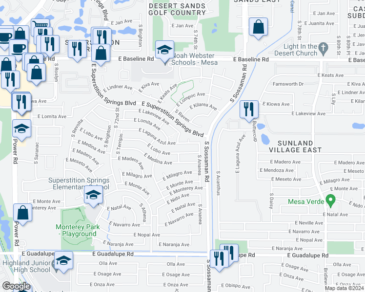 map of restaurants, bars, coffee shops, grocery stores, and more near 2243 South 75th Street in Mesa