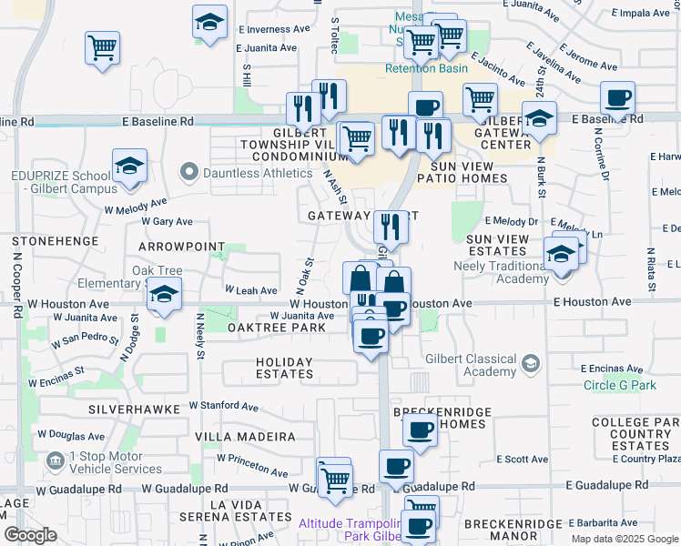 map of restaurants, bars, coffee shops, grocery stores, and more near 1295 North Ash Street in Gilbert