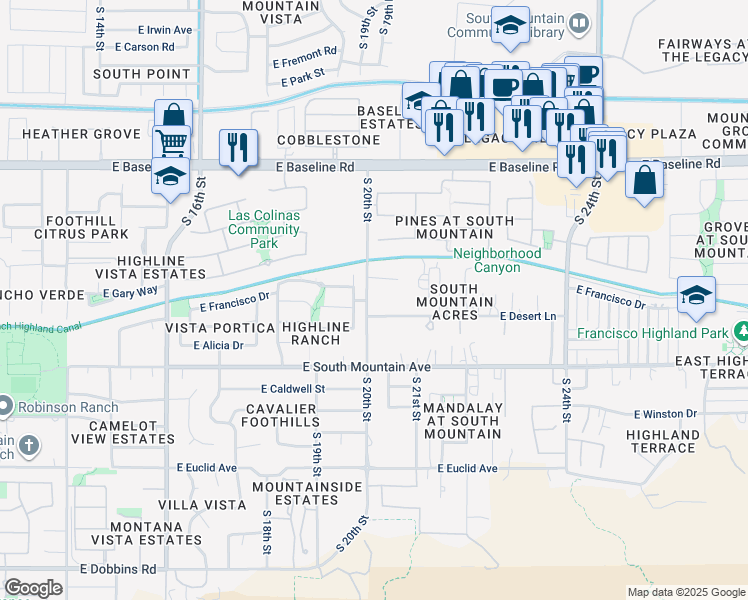 map of restaurants, bars, coffee shops, grocery stores, and more near 8005 South 20th Street in Phoenix