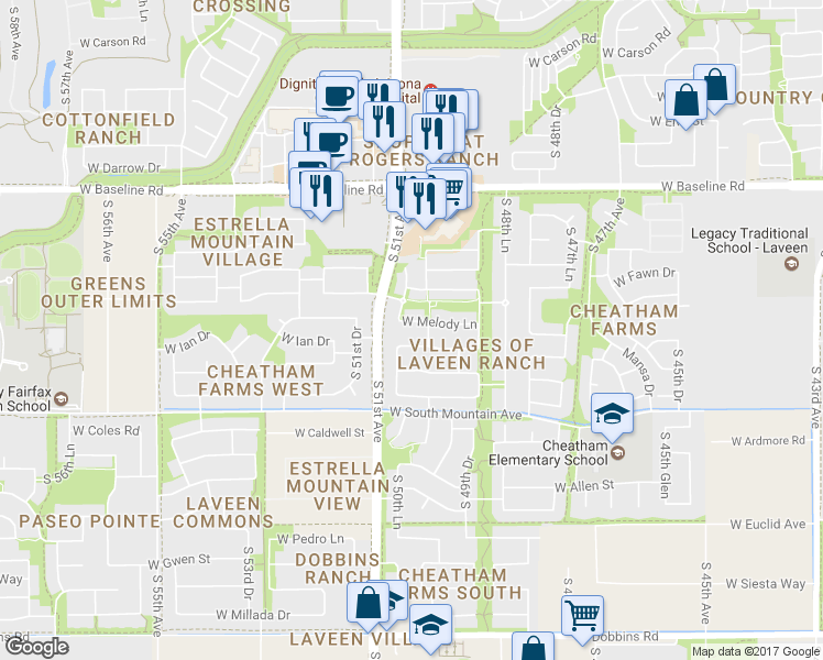 map of restaurants, bars, coffee shops, grocery stores, and more near 5023 West Melody Lane in Phoenix