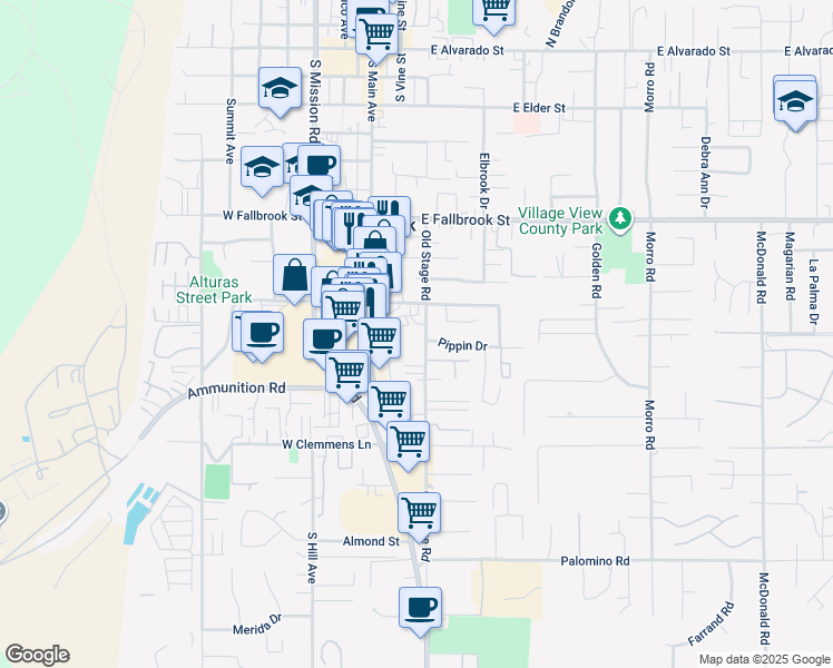 map of restaurants, bars, coffee shops, grocery stores, and more near 1020 Old Stage Road in Fallbrook