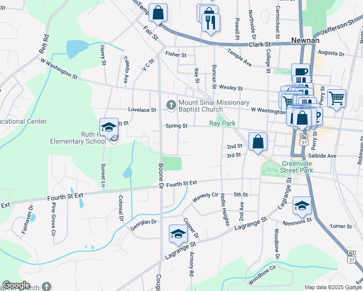 map of restaurants, bars, coffee shops, grocery stores, and more near 12 Traylor Street in Newnan