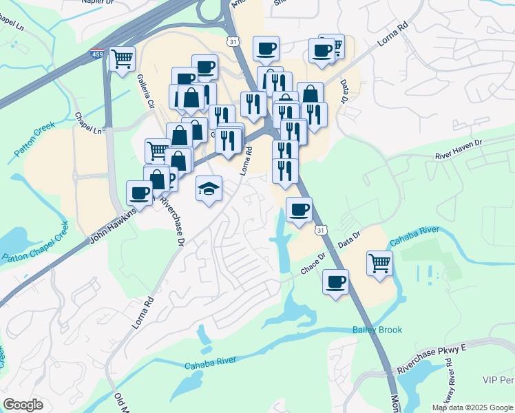 map of restaurants, bars, coffee shops, grocery stores, and more near 1905 Waterford Place in Hoover