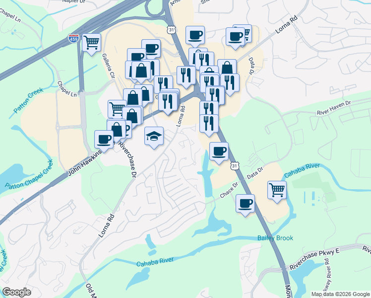 map of restaurants, bars, coffee shops, grocery stores, and more near 1905 Waterford Place in Hoover