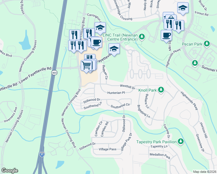 map of restaurants, bars, coffee shops, grocery stores, and more near 7 Belltree Circle in Newnan