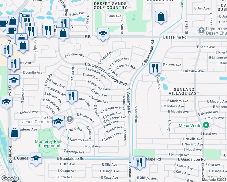 map of restaurants, bars, coffee shops, grocery stores, and more near 2243 South 75th Street in Mesa