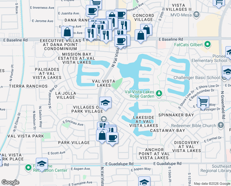map of restaurants, bars, coffee shops, grocery stores, and more near 1669 East Lakeside Drive in Gilbert