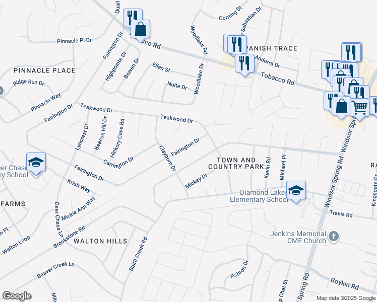 map of restaurants, bars, coffee shops, grocery stores, and more near 3913 Fairington Drive in Hephzibah