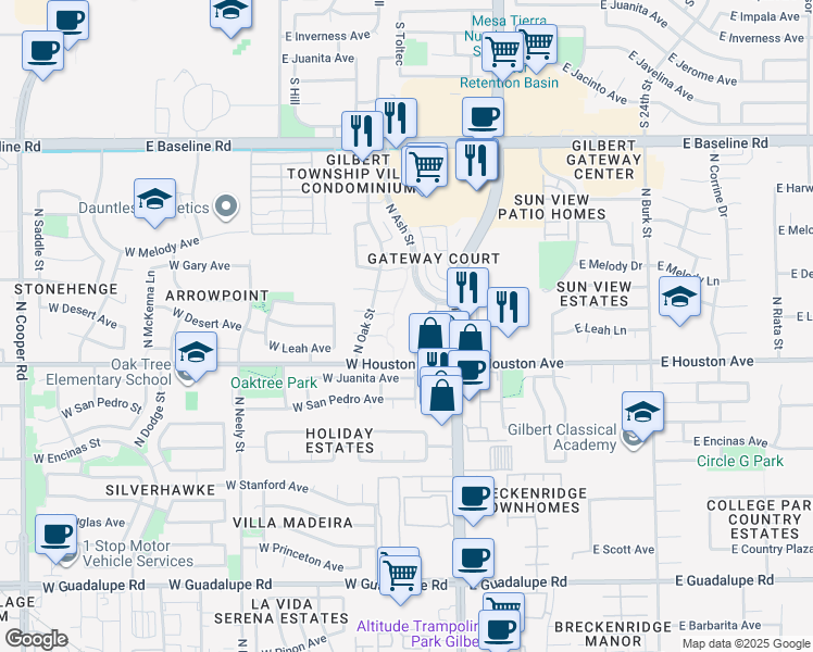 map of restaurants, bars, coffee shops, grocery stores, and more near 1295 North Ash Street in Gilbert