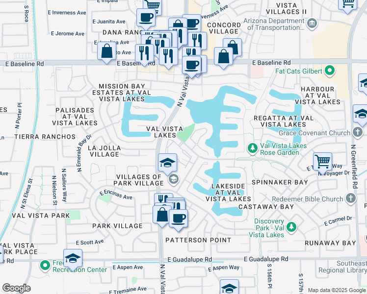 map of restaurants, bars, coffee shops, grocery stores, and more near 1633 East Lakeside Drive in Gilbert