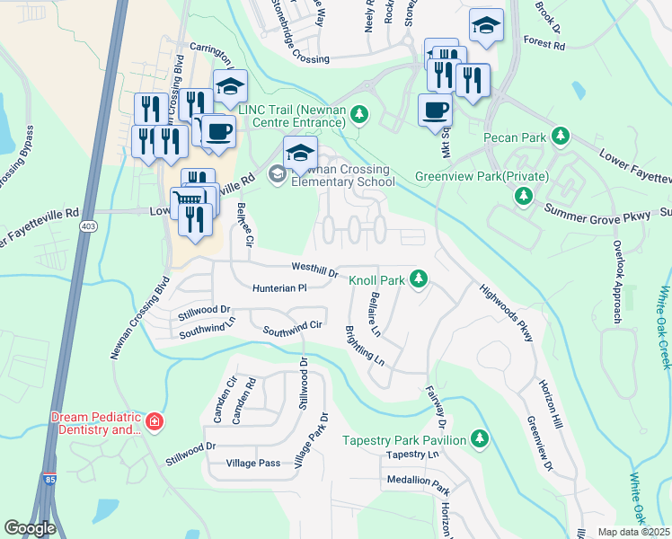 map of restaurants, bars, coffee shops, grocery stores, and more near Hunterian Place in Newnan