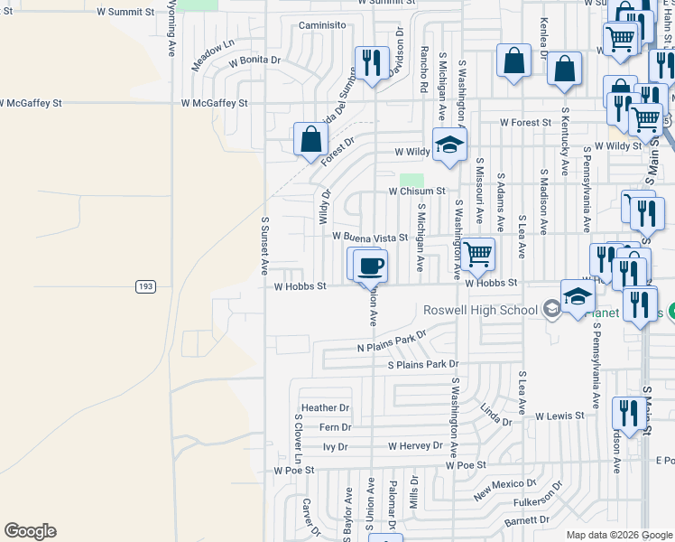 map of restaurants, bars, coffee shops, grocery stores, and more near 49 Wildy Drive in Roswell