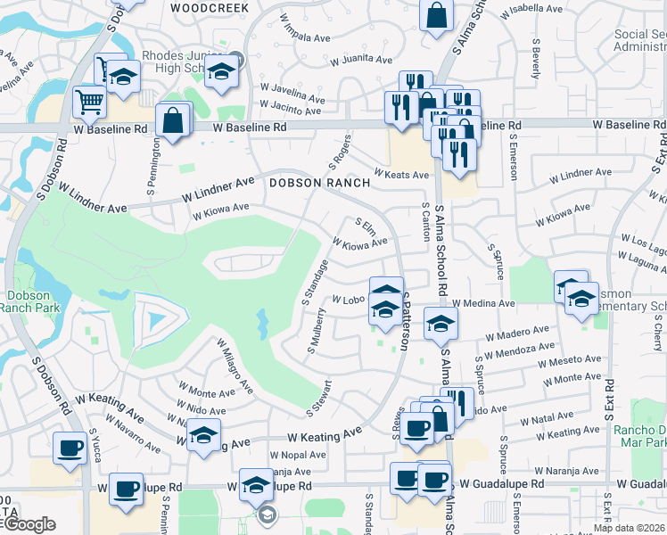 map of restaurants, bars, coffee shops, grocery stores, and more near 1359 West Kiowa Avenue in Mesa
